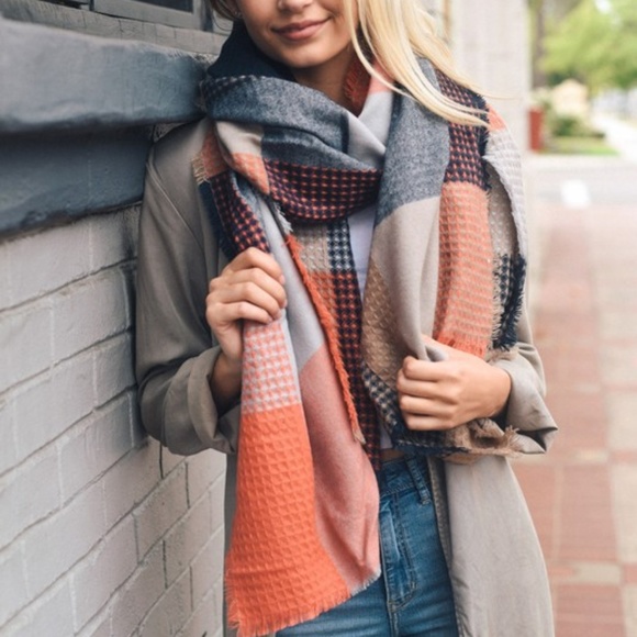 felicias Accessories - NEW Orange + Navy Blanket Scarf